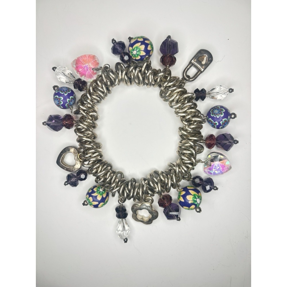 Chunky Silver Tone Charm Stretch Bracelet Floral Beads Heart Lock Boho OOAK
